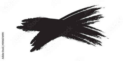 Abstract black brush stroke X mark on white background.