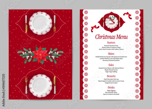 Christmas holiday menu design with Xmas decoration. Festive, Vector illustration