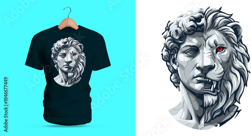 Vector T-shirt design of a powerful classical male statue fused with a fierce lion head. Detailed stone textures, flowing mane, and expressive contrasts blend human and beast forms into a striking