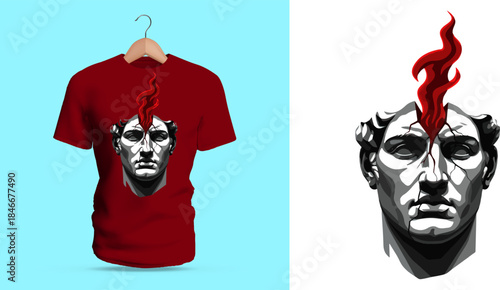 Vector T-shirt design of a grayscale classical statue head pierced by a rising red flame shape. Strong shadows, stone contours, and dramatic minimal colors create a bold symbolic sculptural