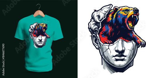 Vector T-shirt design of a classical stone statue head partially merged with a roaring bear whose upper body replaces the top of the sculpture. Bold shadows, textured stone cracks