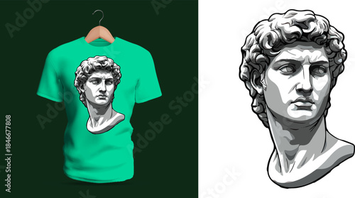 Vector T-shirt design of a clean classical bust rendered in grayscale with smooth sculptural shading. Detailed curls, carved contours, and soft highlights create a refined traditional statue portrait
