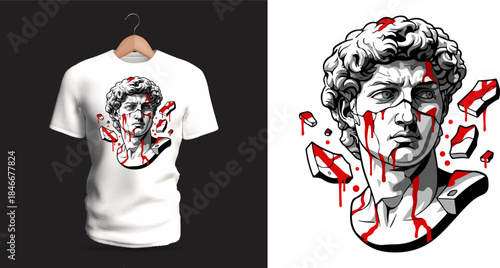 Vector T-shirt design of a classical statue head with shattered floating red and black fragments surrounding the face. Strong directional lighting and bold broken shapes form a dramatic expressive