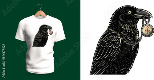 Vector T-shirt design of a black raven holding a round talisman pendant in its beak. Intricate feather lines, sharp beak curves, and subtle shading create a mysterious dark avian illustration