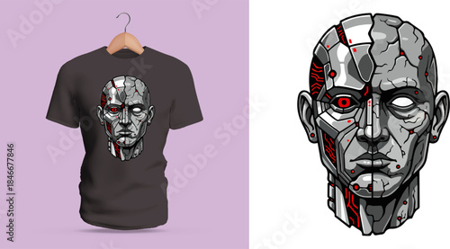 Vector T-shirt design of a grayscale robotic human head with exposed metal plates, red glowing eye, and segmented mechanical textures. The expressionless face combines sleek steel surfaces