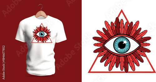 Vector T-shirt design of a radiant eye surrounded by red sharp petals arranged in a triangular frame. The central blue eye features detailed iris lines while the petals create a dynamic geometric