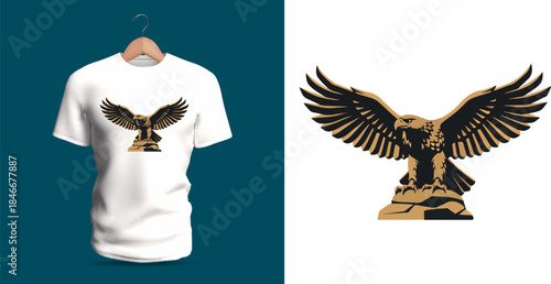 Vector T-shirt design of a majestic eagle perched on a rock with wings spread wide. Strong feather details, sharp talons, and bold contours give the bird a powerful commanding presence