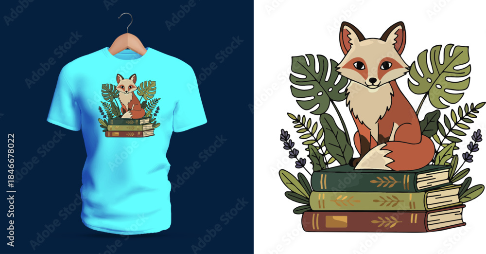 Fototapeta premium Vector T-shirt design of a cute fox sitting atop a stack of books surrounded by leafy plants. Soft fur details, expressive eyes, and decorative foliage create a charming cozy woodland illustration.