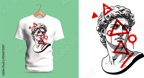 Vector T-shirt design of a classical statue bust intersected by abstract red geometric symbols. Clean stone shading contrasts with sharp triangular and circular marks, forming a modern artistic