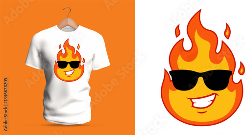 Vector T-shirt design of a smiling flame character wearing black sunglasses. Smooth orange gradients, sharp fire shapes, and a cheerful expressive face create a playful animated fiery icon.