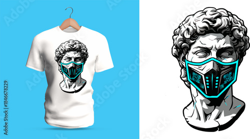 Vector T-shirt design of a classical statue head wearing a futuristic breathing mask with teal glowing filters. Contrasting stone texture and modern tech gear form a striking sci-fi reinterpretation
