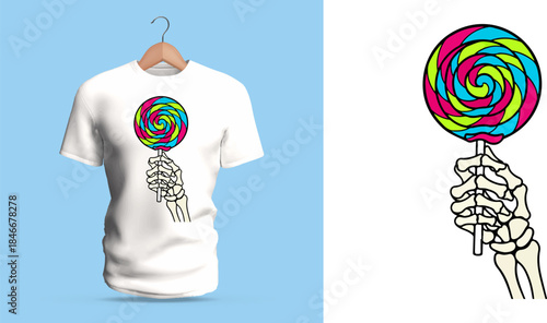 Vector T-shirt design of a skeleton hand holding a rainbow spiral lollipop. Clean bone lines, bright swirling candy colors, and strong contrast create a quirky playful fusion of spooky and sweet