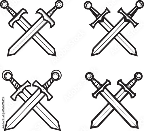 Four black and white illustrations of crossed medieval swords isolated on a white background