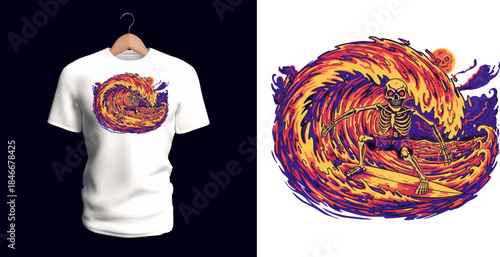 Vector T-shirt design of a flaming skeleton surfer riding a swirling vortex of fire and smoke. Curved lines, warm gradients, and intense dynamic motion create a bold dramatic supernatural surfing