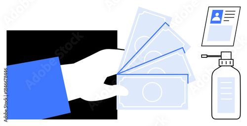 Financial transactions highlighted by money, ID card, and sanitizer. Financial safety and hygiene are crucial in modern commerce. Financial services, hygiene, online payments, identification, cash