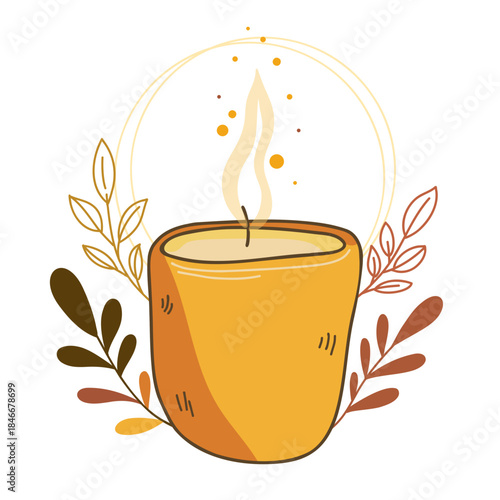 Candle vector illustration in autumn colors with leaves