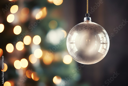 Clear glass festive bauble decoration hanging from a christmas tree branch