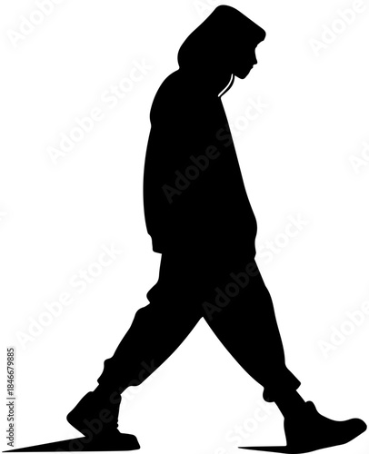 Person Walking in Hoodie and Boots – Black Silhouette Vector