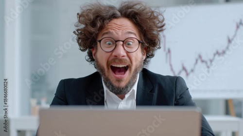 Excited and shocked businessman reacting with astonishment to positive or negative financial news, watching volatile stock market or cryptocurrency data updates on his laptop screen in a modern office