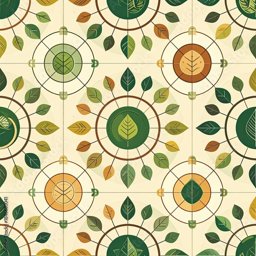 Botanical Seamless Pattern with Leaves and Geometric Circles in Green and Brown Tones
