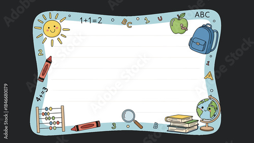 Creative School Border with Educational Elements Sun, Backpack, Globe, Abacus, Magnifying Glass, Books, Crayons, and Numbers for a Fun Learning Experience
