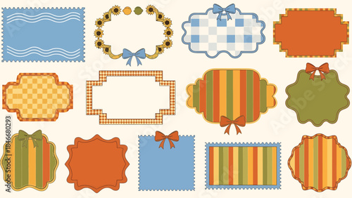 Collection of decorative frames and labels with floral and striped patterns, perfect for scrapbooking and crafts