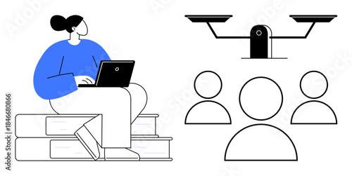 Education, equality, decision making, knowledge sharing, justice, teamwork. A person seated on books using a laptop, scales of justice and group icons. Education and equality concept