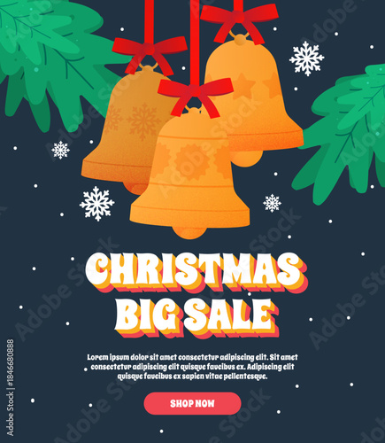 Christmas Big Sale banner featuring golden bells, snowflakes, and pine. Perfect for holiday promotions and seasonal marketing campaigns