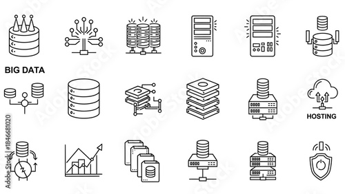 Collection of line icons representing big data storage, cloud computing, server infrastructure, and network technology concepts for modern digital solutions