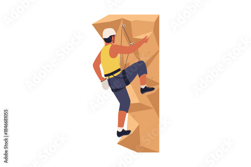 Vector Illustration of Man Rock Climbing and Bouldering. Person Engaged in Outdoor Extreme Sports, Adventure, and Vertical Ascent
