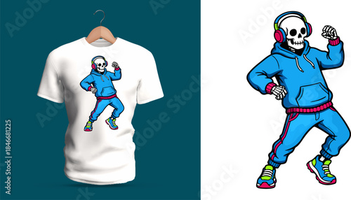 Vector T-shirt design of a dancing skeleton wearing a hoodie, joggers, and colorful sneakers. The lively pose, bright outfit details, and playful bone structure create a fun energetic street-dance
