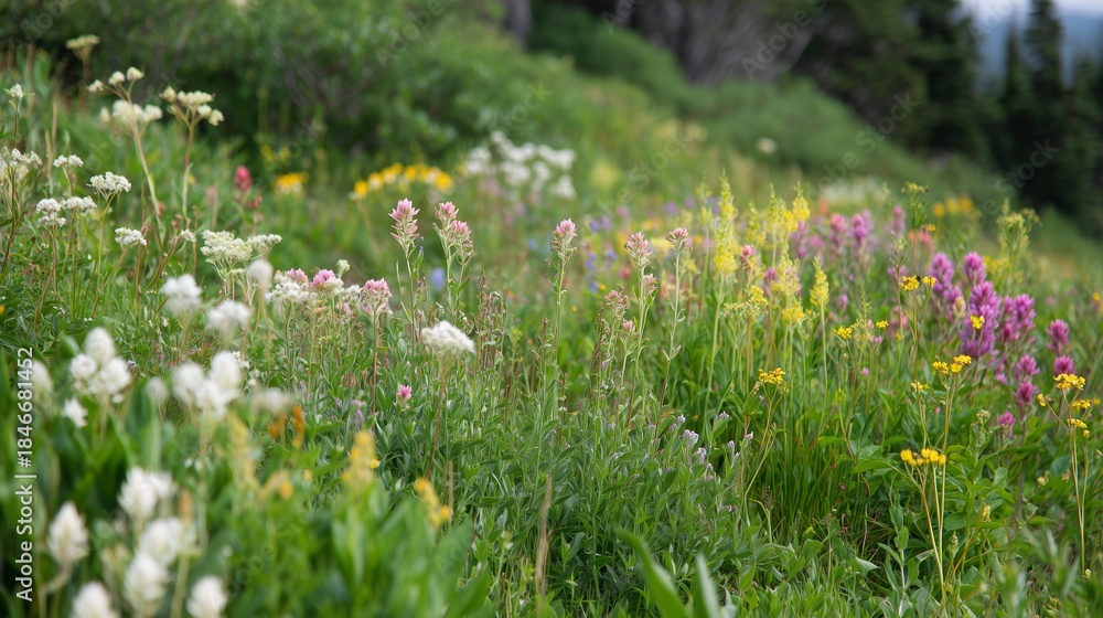 Fototapeta premium Colorful wildflowers grow in a meadow during summer in the mountains