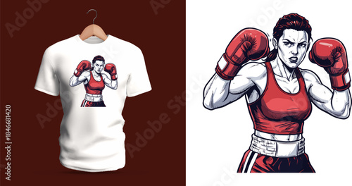 Vector T-shirt design of a focused female boxer in stance with gloves raised. Strong shadows, athletic tension, and determined facial expression create a fierce fighting-spirit illustration.