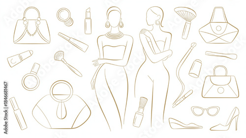 Fashion and beauty illustration elegant women with accessories like handbags makeup and shoes minimalist line art for cosmetic branding and style concepts