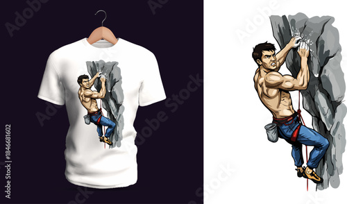 Vector T-shirt design showing a determined rock climber scaling a rugged vertical wall, with defined muscles, climbing harness details, and a focused posture that conveys challenge, precision
