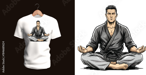 Vector T-shirt artwork illustrating a calm martial artist meditating in a seated lotus position, with balanced posture, composed expression, and clean linework that conveys discipline, inner strength