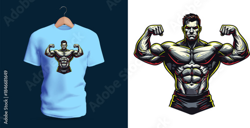 Vector T-shirt artwork of a muscular bodybuilder flexing both arms in a classic double-biceps pose, illustrated with sharp contour lines, bold highlights, and exaggerated definition showing confidence
