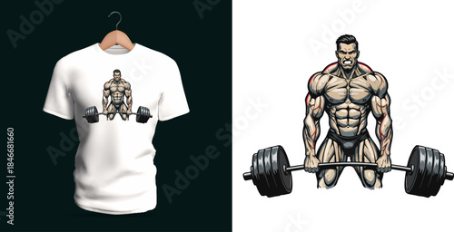 Vector T-shirt illustration of a muscular weightlifter gripping a heavy barbell with both hands, showing defined anatomy, broad stance, and powerful tension, highlighting raw strength