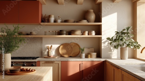 Modern kitchen interior in warm earth tones with wooden shelves, ceramic tableware, and natural light creating a cozy atmosphere. The image represents contemporary home design, harmony with nature