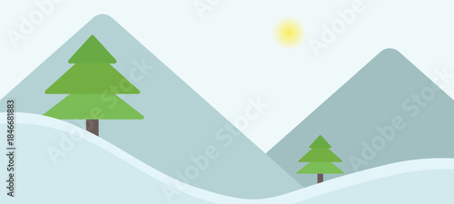 Fir trees in snowdrifts. Mountains in the background. Clear blue sky, snowfall. Vector illustration. Winter landscape. Design for cover, postcard, poster, wallpapers. Adventure tourism, nature walks.
