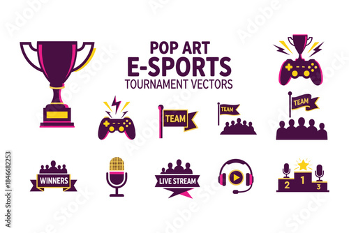 pop art e sports tournament vectors icons set