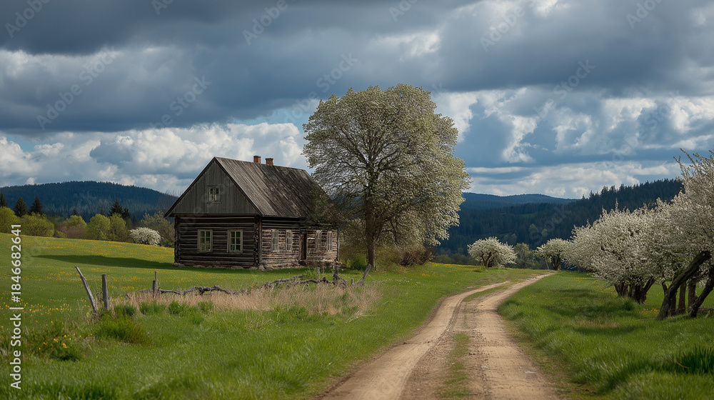 Fototapeta premium Rustic wooden farmhouse sits beside a dirt path leading through a vibrant green meadow under dramatic spring skies