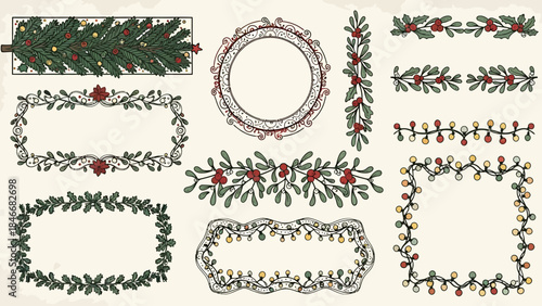 Charming Hand-Drawn Christmas Holiday Borders and Decorative Frames Collection, Featuring Festive Evergreen Branches, Bright Berries, and Twinkling String Lights for Seasonal Graphic Design