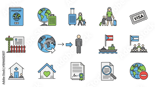 Linear Icons for Global Travel, Immigration, and Relocation. Vector Pictograms Depicting Passport, Visa, Migration, Refugee Movement, and International Mobility Concepts