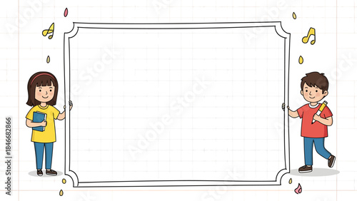Cartoon illustration of two happy children holding an empty frame, perfect for educational or playful content