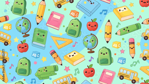 Cute Seamless Pattern of School Supplies and Educational Elements with Cheerful Characters