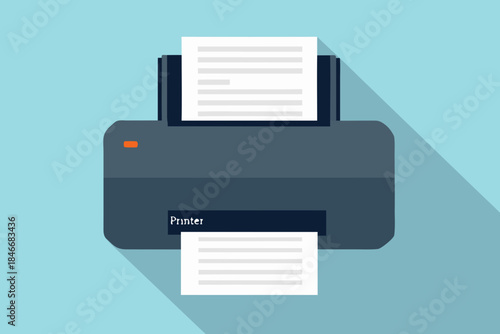 Simple illustration of a modern dark blue printer with printed papers
