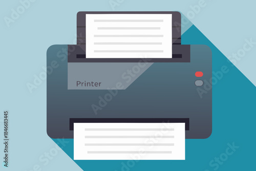 A flat design illustration of a gray printer with printed papers