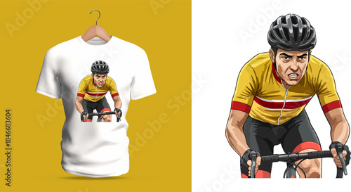 Vector T-shirt design showing a competitive cyclist in a low aerodynamic position gripping the handlebars, featuring defined facial tension, strong posture, and bold colors expressing stamina