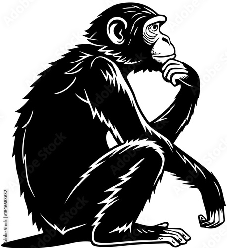 Thinking Chimpanzee Pose – Black and White Stylized Vector